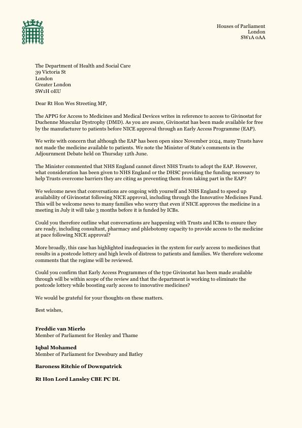 APPG sends letter on Early Access Programmes for Duchenne UK